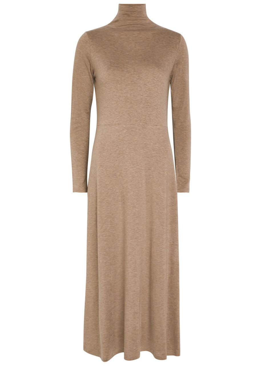 Vince Funnel-neck Jersey Midi Dress Beige
