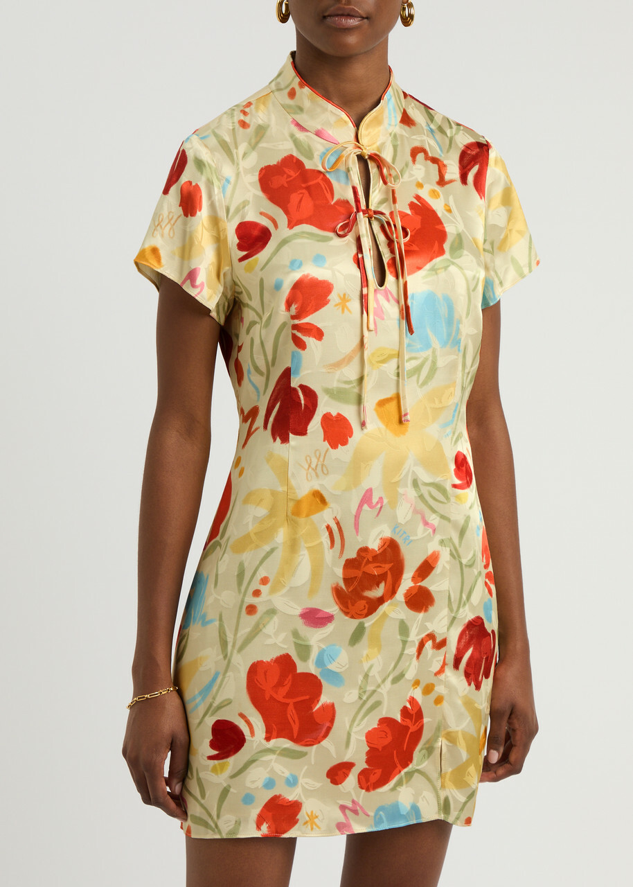 Kitri Gretchen Floral-print Satin Mini Dress Yellow