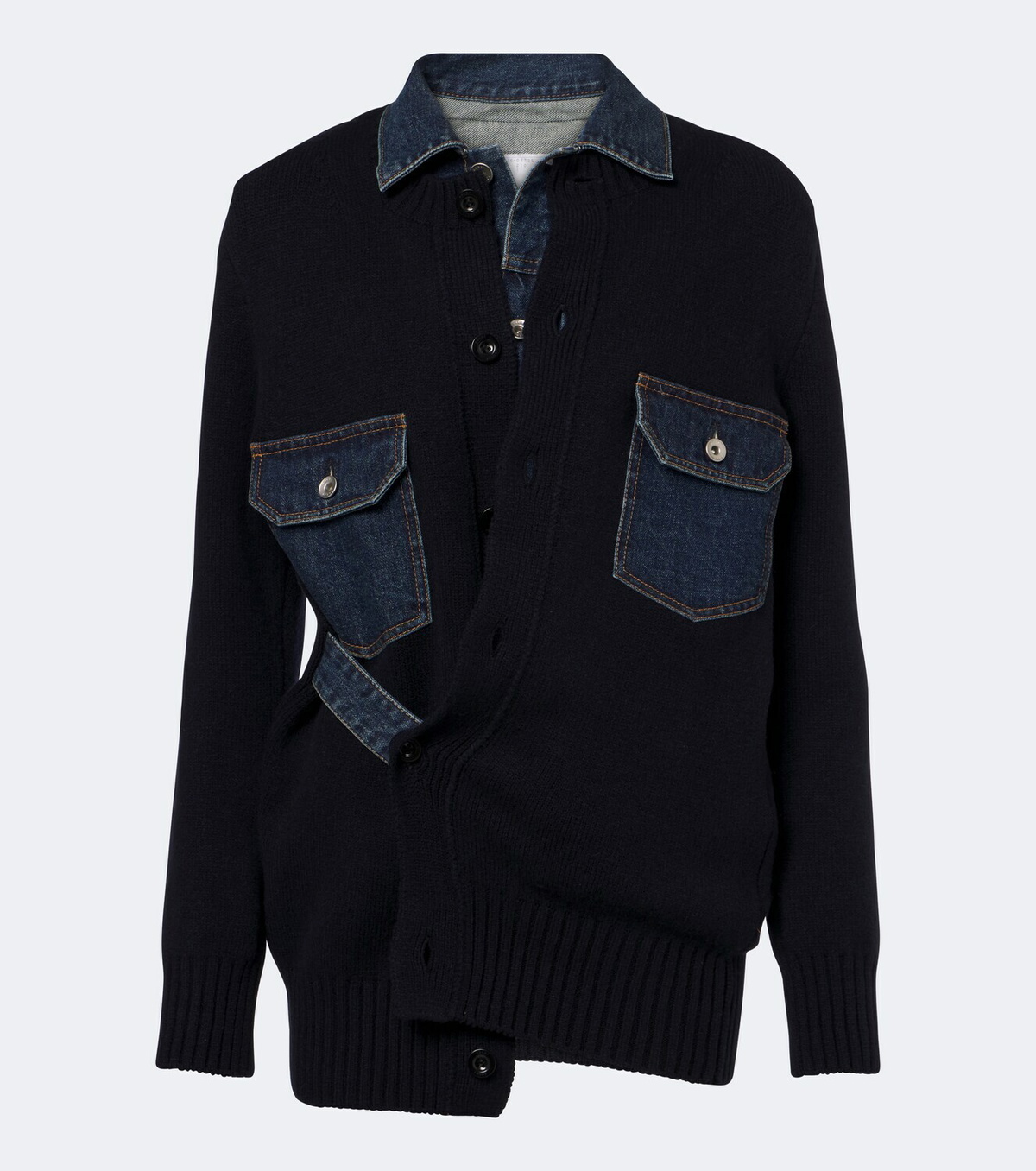 Sacai Layered wool-blend and denim cardigan