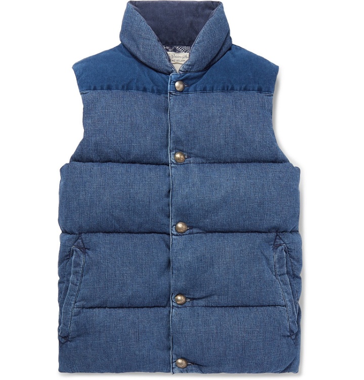 Photo: Remi Relief - Slim-Fit Corduroy-Panelled Quilted Denim Down Gilet - Blue