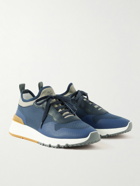 Brunello Cucinelli - Leather and Rubber-Trimmed Stretch-Knit Sneakers - Blue