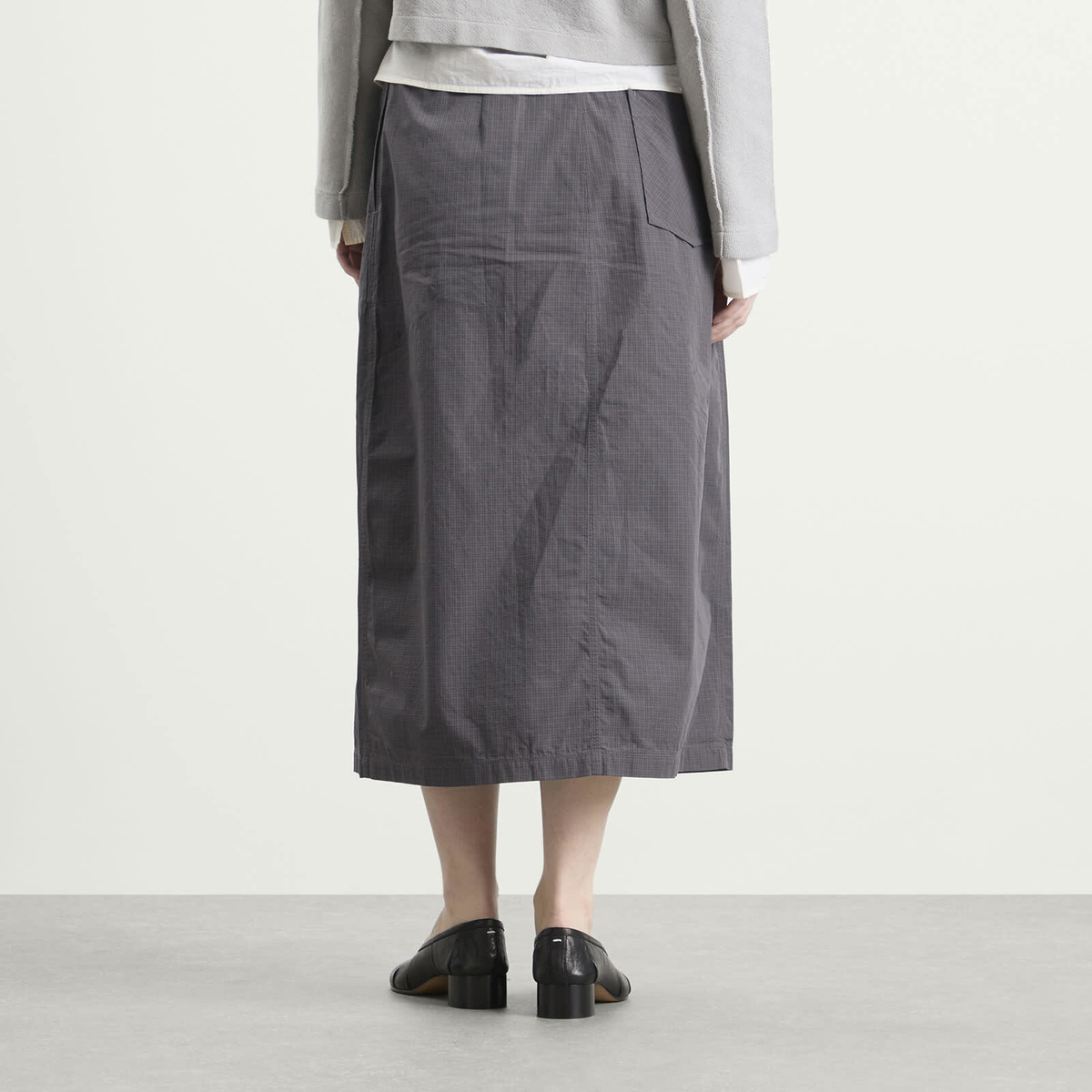 mfpen Women's Classic Wrap Skirt in Mushroom Micro Check Poplin