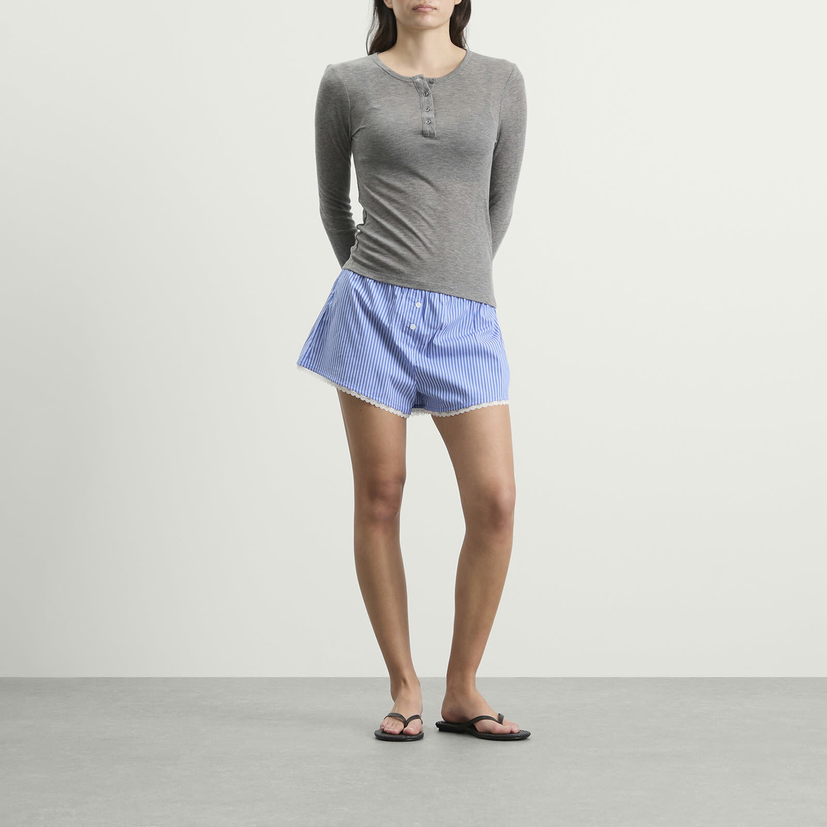 Good American Women's Poplin Lace Trimmed Boxer Shorts in Blue/White Stripe