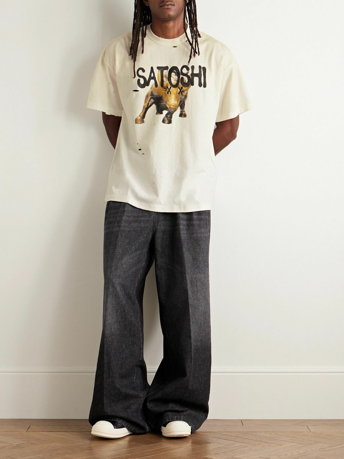 Satoshi Nakamoto - Wall Street Distressed Logo-Print Cotton-Jersey T-Shirt - White