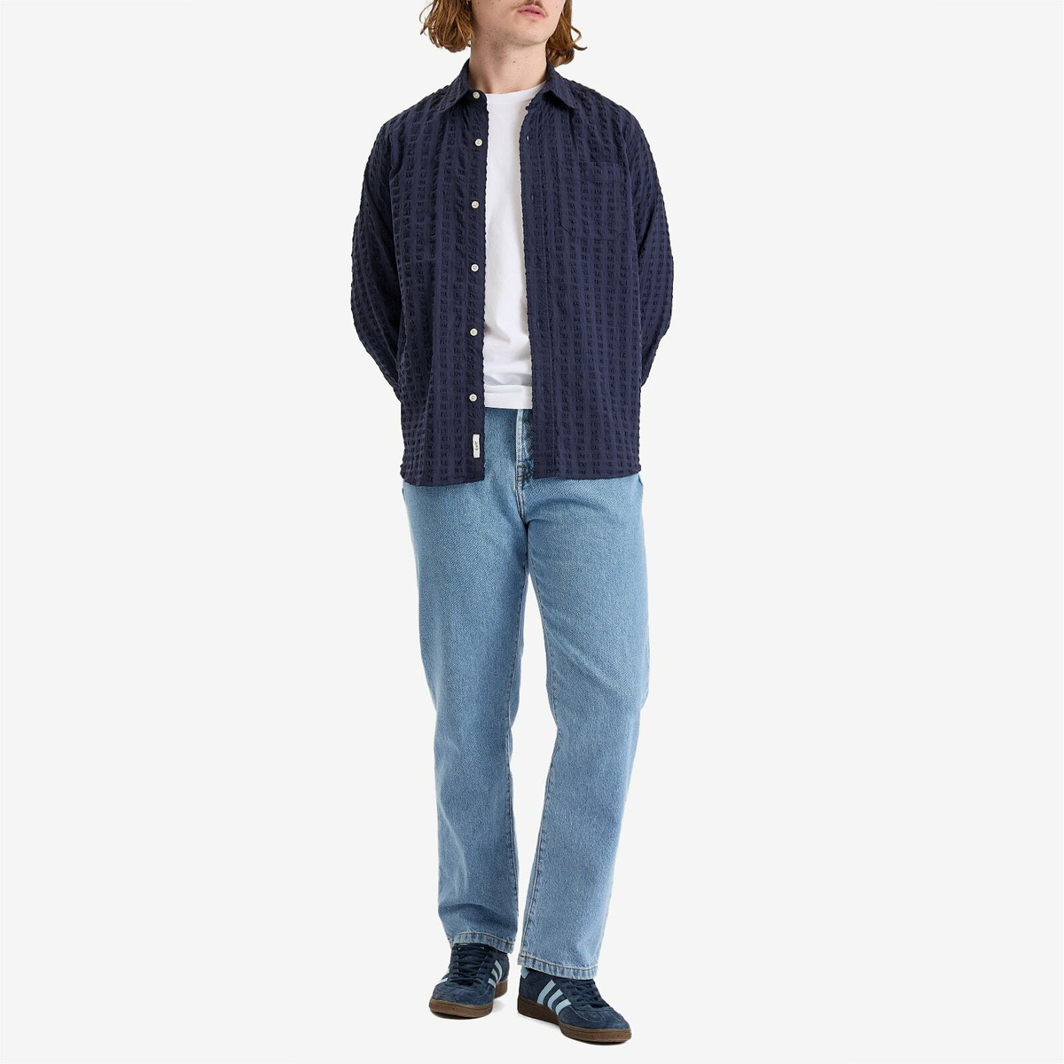 Foret Men's Map Seersucker Overshirt in Navy