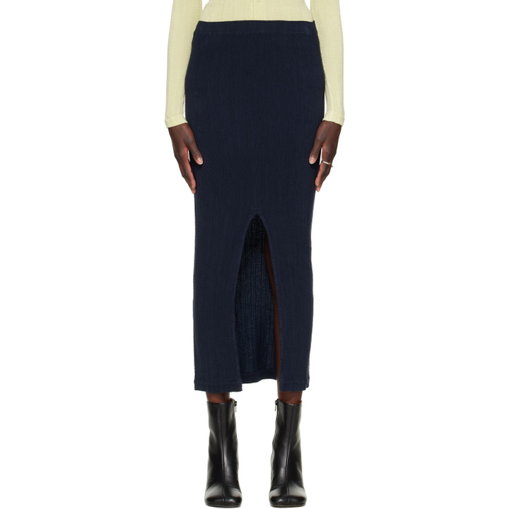 Photo: ISSEY MIYAKE Navy Rill Midi Skirt