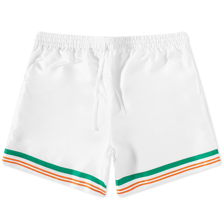 Photo: Casablanca Men's Tennis Club Icon Silk Shorts in White/Green/Orange