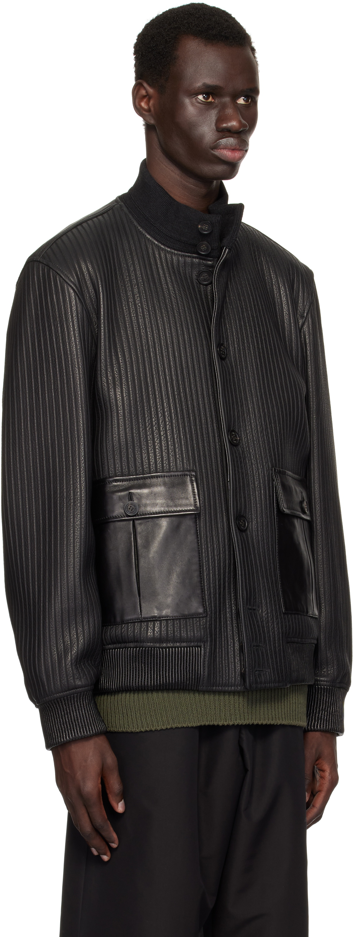 Golden Goose Black Embossed Stripes Leather Bomber Jacket
