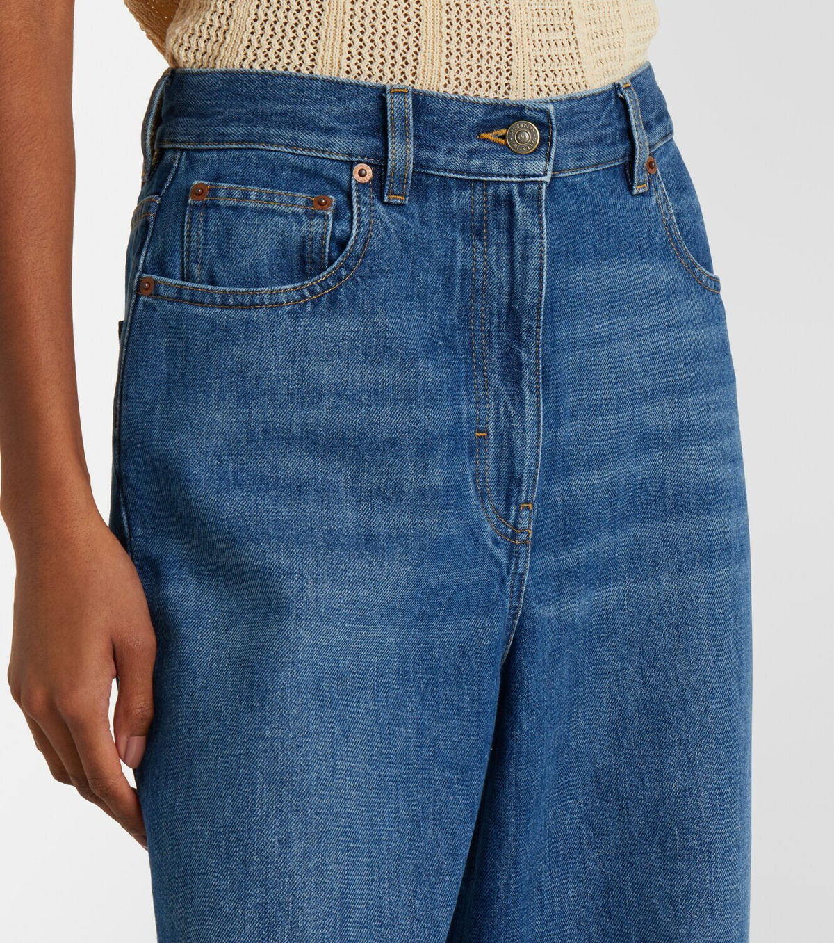 Valentino Leather-trimmed wide-leg jeans