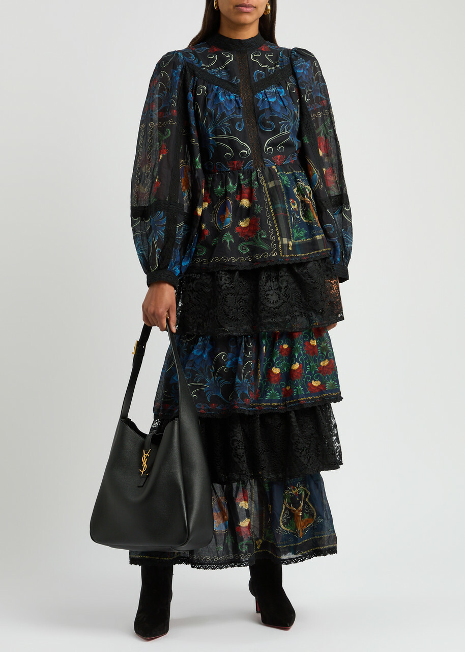 Farm Rio Printed Lace-trim Cotton Maxi Dress Black