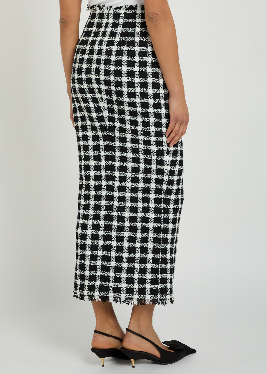 Balmain Checked Tweed Midi Skirt Black And White