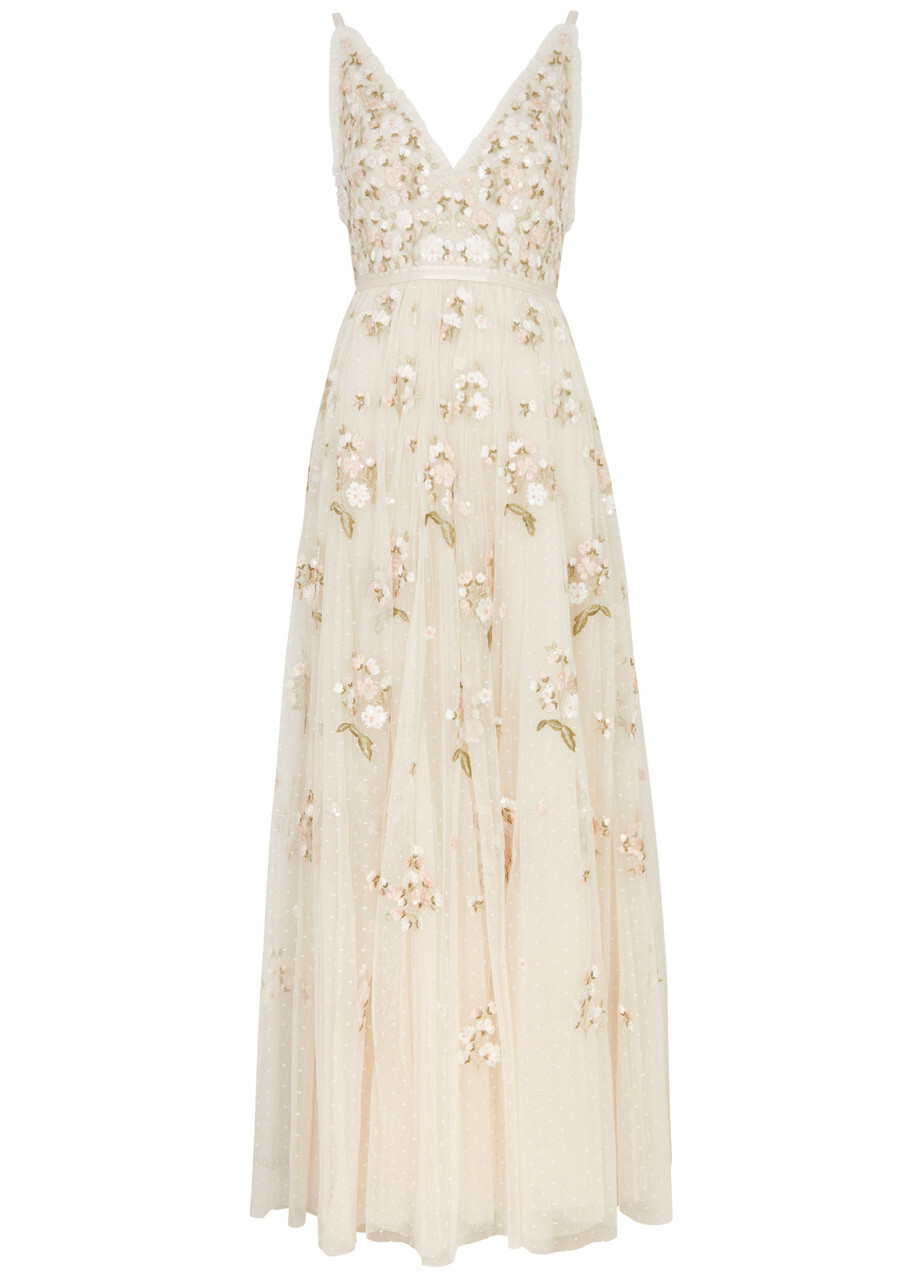 Cream Embroidered tered Gown