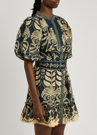 Farm Rio Anika Printed Belted Cotton-blend Mini Shirt Dress Dark Blue
