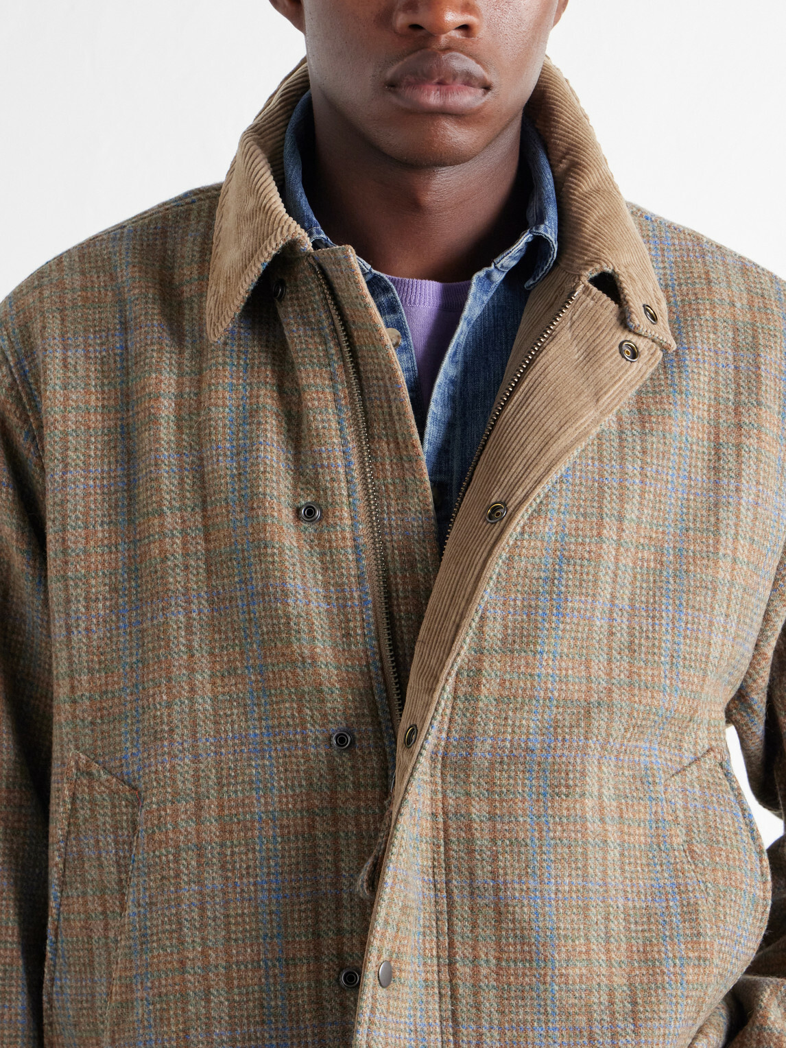 FrizmWORKS - Corduroy-Trimmed Checked Wool Jacket - Neutrals