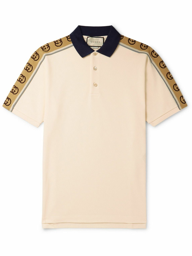 Photo: GUCCI - Logo-Jacquard Webbing-Trimmed Stretch-Cotton Piqué Polo Shirt - Neutrals