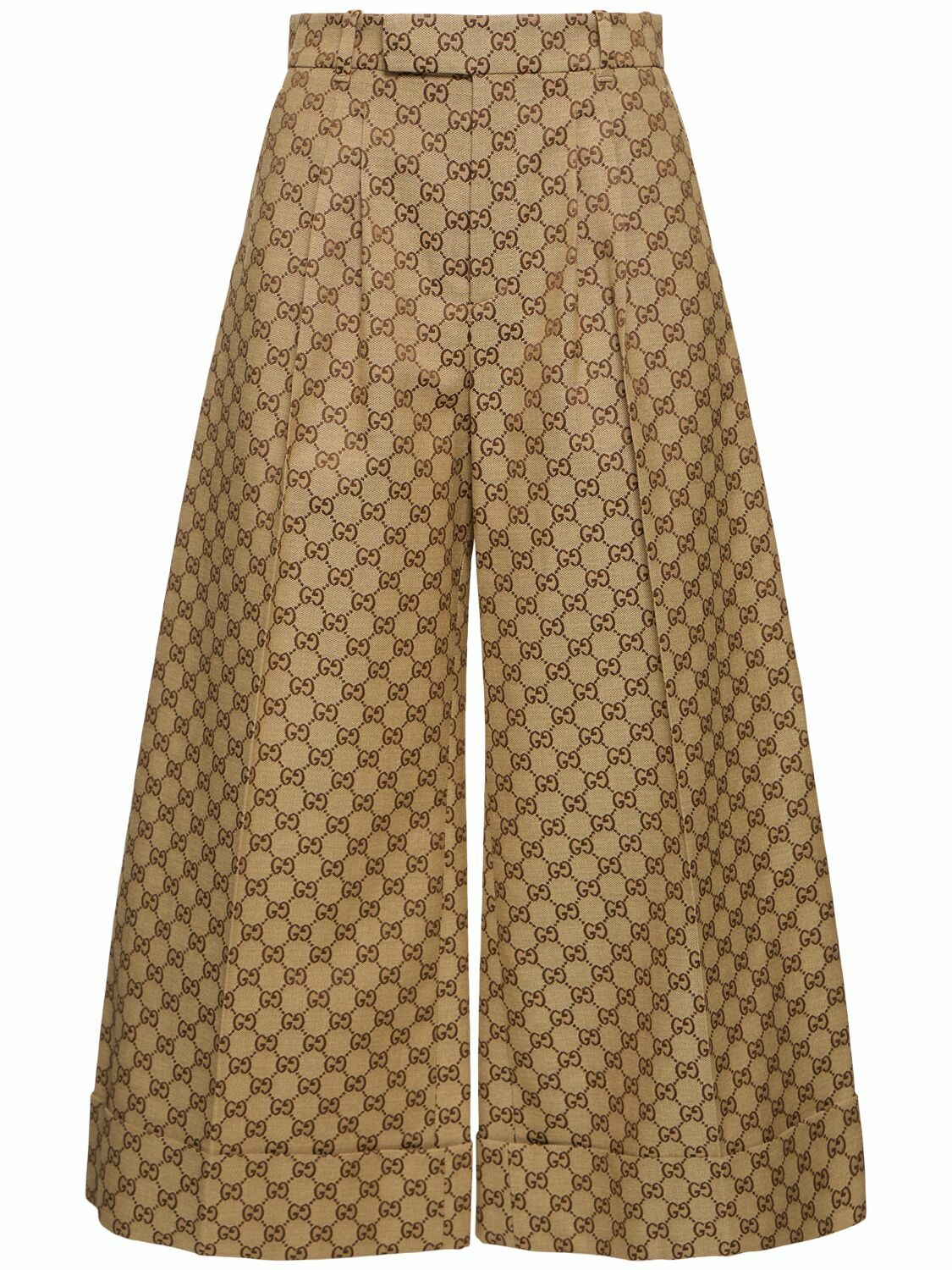パンツ GUCCI FLARE TROUSERS IN GG CANVAS GG canvas pant in camel and ebony | GUCCI® US