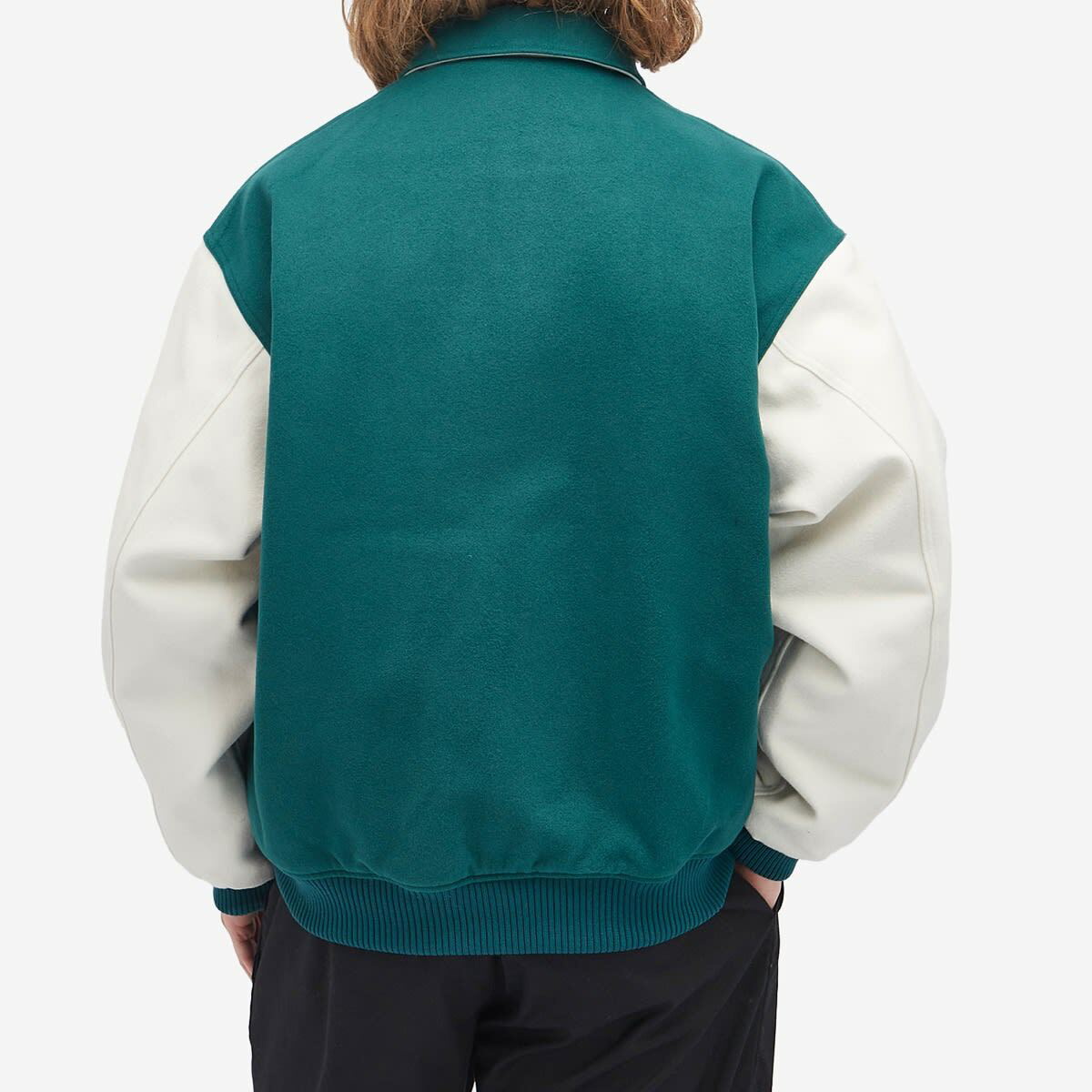 BEAMS Men's Fleece Stadium Coach Jacket in Green/Off White BEAMS Men's Fleece Stadium Coach Jacket in Green/Off White