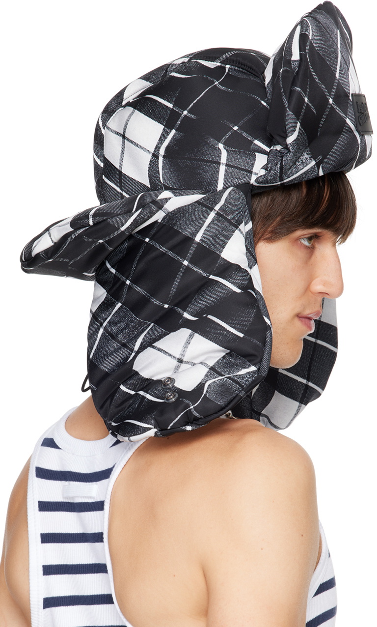 Jean Paul Gaultier Black & White Nylon Chapka Printed Tartan