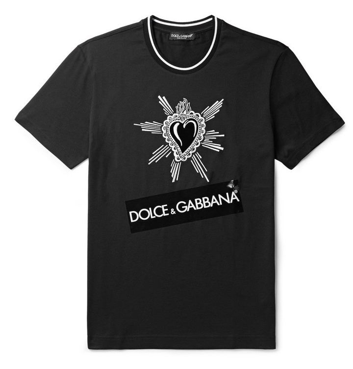 Photo: Dolce & Gabbana - Velvet-Trimmed Embroidered Logo-Print Cotton-Jersey T-Shirt - Black