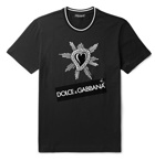 Dolce & Gabbana - Velvet-Trimmed Embroidered Logo-Print Cotton-Jersey T-Shirt - Black