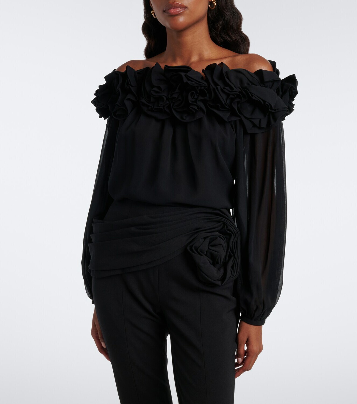 Carolina Herrera Floral-appliqué gathered silk top