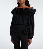 Carolina Herrera Floral-appliqué gathered silk top