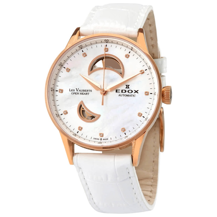 Photo: Edox Les Vauberts Open Heart White Mother of Pearl Dial Automatic Ladies Watch 85019 37RA NADR
