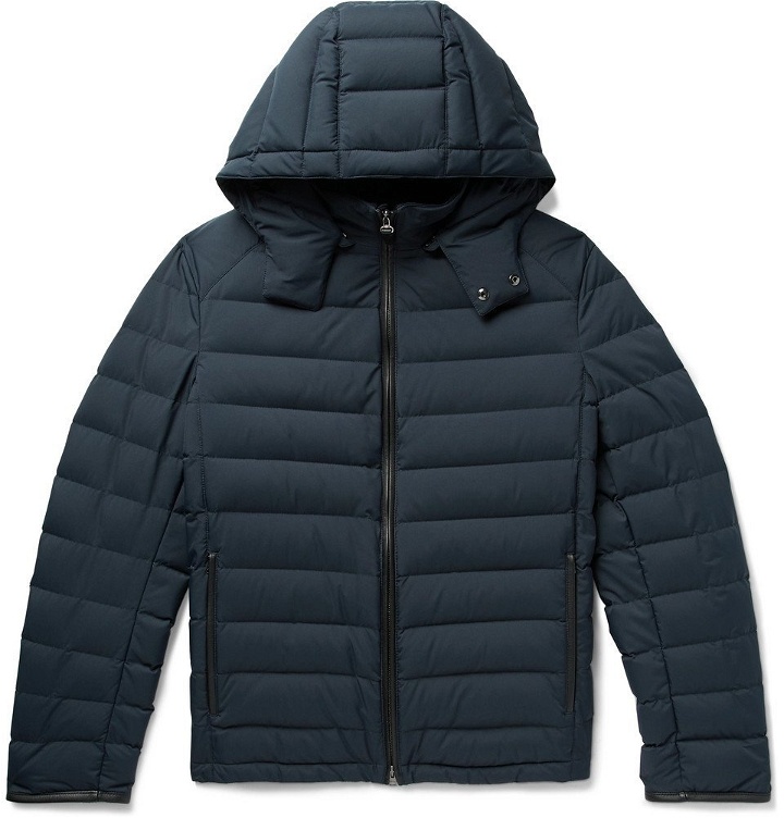Photo: Brioni - Slim-Fit Leather-Trimmed Quilted Shell Hooded Down Jacket - Men - Navy