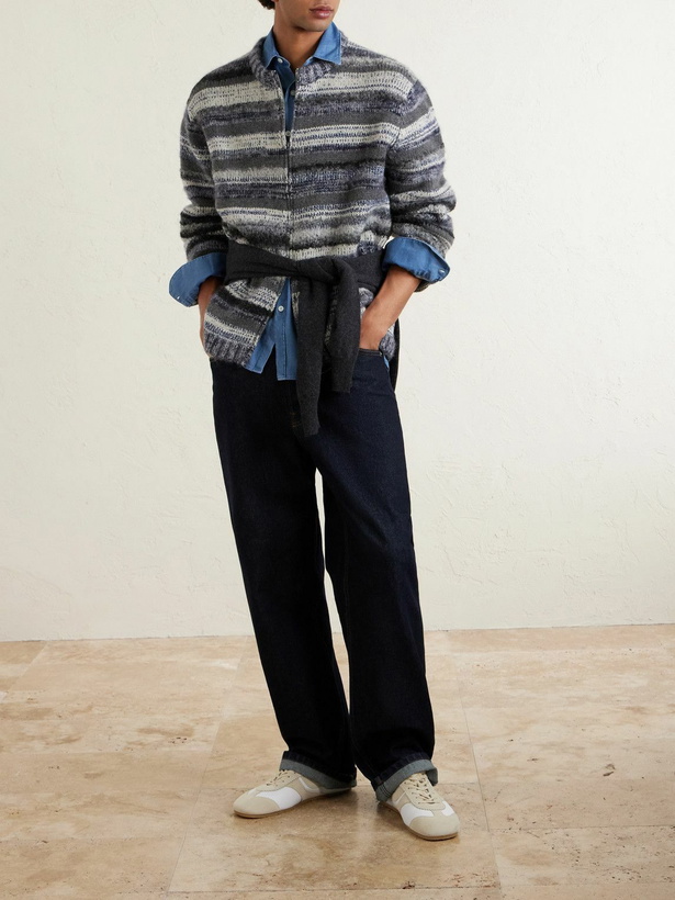 Photo: The Elder Statesman - Boucle Striped Cashmere-Blend Zip-Up Cardigan - Gray