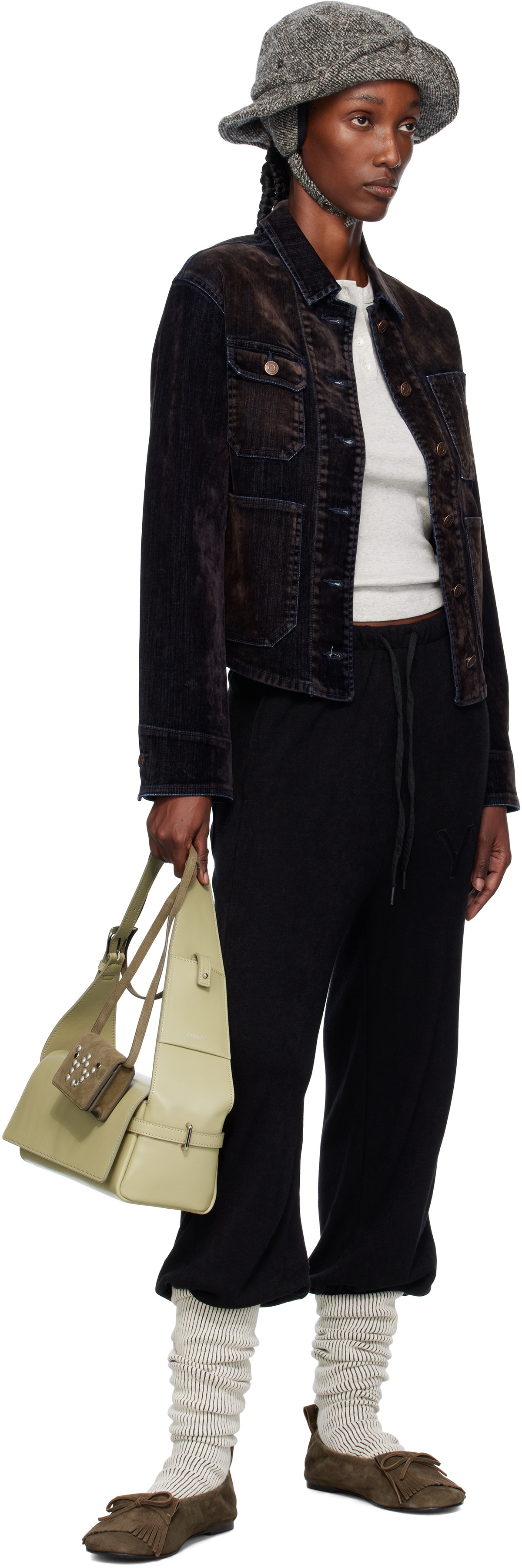 OPEN YY Black Velvet Denim Trucker Jacket