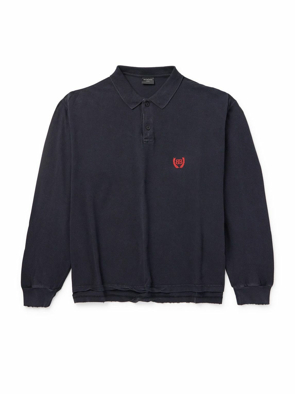 Balenciaga - Laurel Embroidered Distressed Cotton-Piqué Polo Shirt - Black