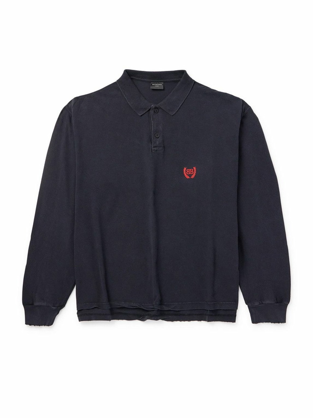 Photo: Balenciaga - Laurel Embroidered Distressed Cotton-Piqué Polo Shirt - Black