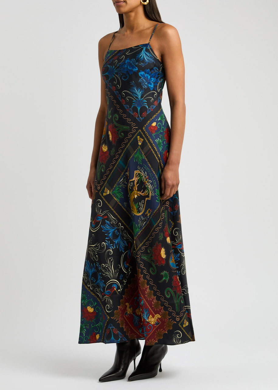 Farm Rio Printed Satin Maxi Slip Dress Black