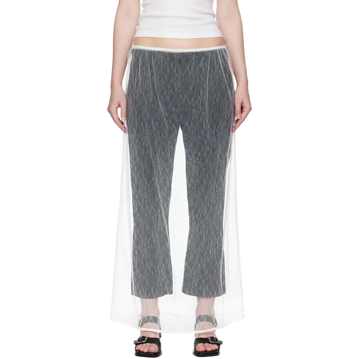 AMOMENTO White Sheer Lace Long Maxi Skirt