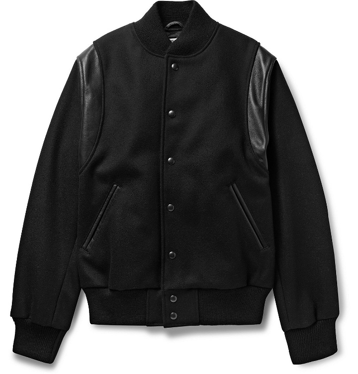 Photo: Golden Bear - Hayes Leather-Panelled Melton Virgin Wool-Blend Bomber Jacket - Black
