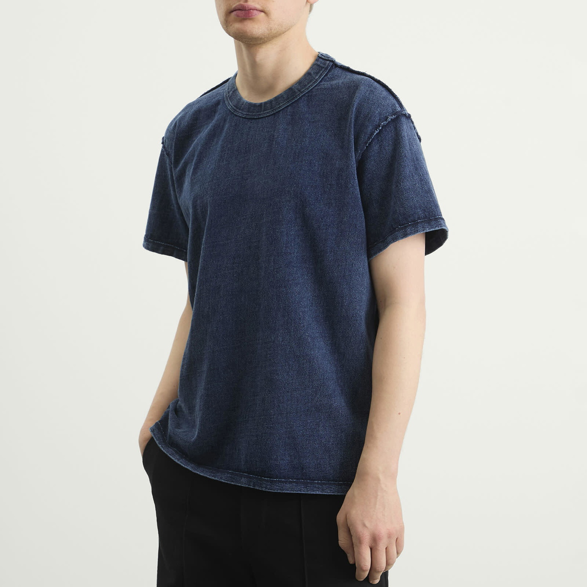 Les Tien Men's Heavyweight Binded Neck Inside Out T-Shirt in Vintage Indigo