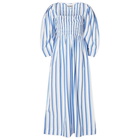 GANNI Women's Stripe Cotton Open-neck Smock Long Dress in Silver Lake Blue