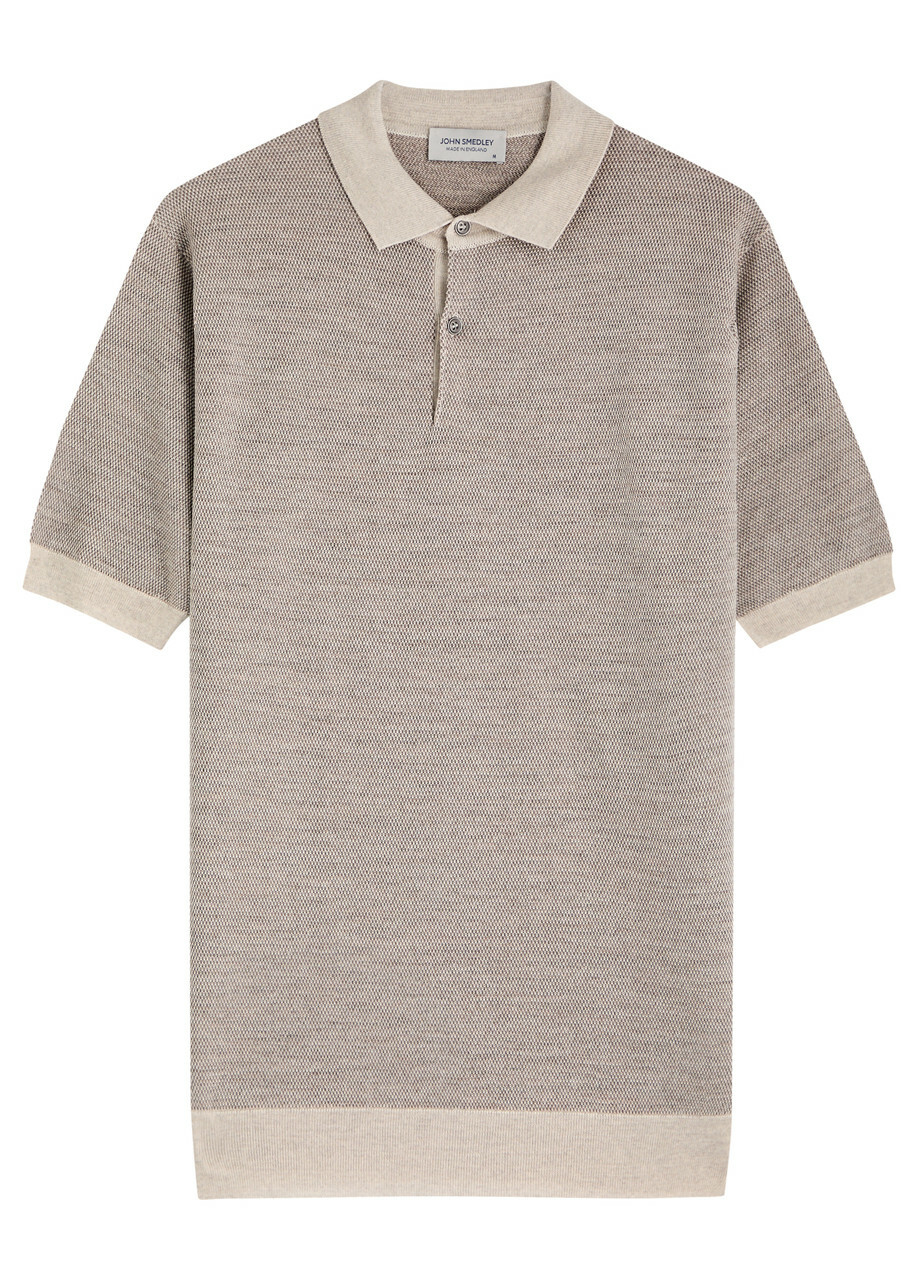 John Smedley Textured Wool Polo Shirt Light Grey John Smedley