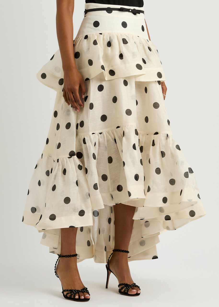 Zimmermann Crush Belted Polka dot Linen-blend Midi Skirt