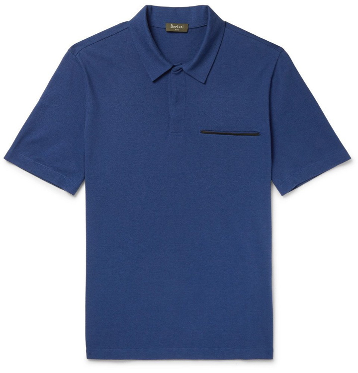 Photo: Berluti - Leather-Trimmed Cotton, Wool and Cashmere-Blend Piqué Polo Shirt - Men - Blue