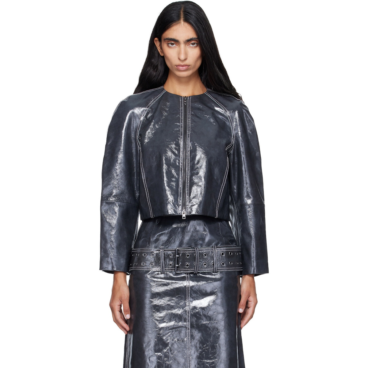 Diesel Gray Patent-Leather Cocoon Sleeve Jacket