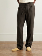 Stòffa - Straight-Leg Pleated Linen Drawstring Trousers - Brown