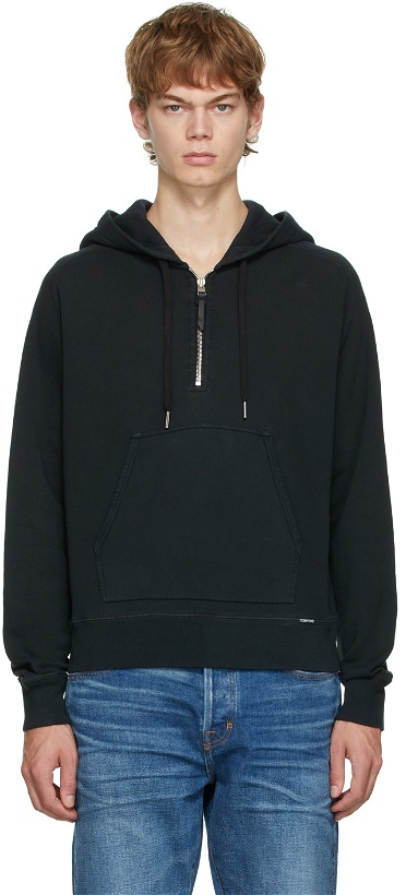 Photo: TOM FORD Black French Terry Half-Zip Hoodie