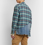 Greg Lauren - Grandad-Collar Panelled Distressed Checked Cotton-Flannel and Denim Shirt - Blue