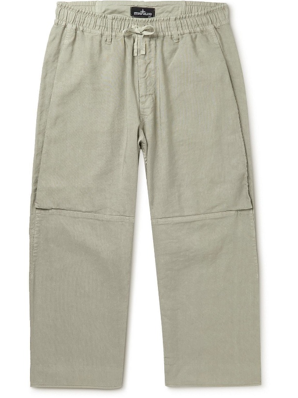 Photo: Stone Island Shadow Project - Cropped Straight-Leg Logo-Appliquéd Linen-Blend Canvas Trousers - Neutrals