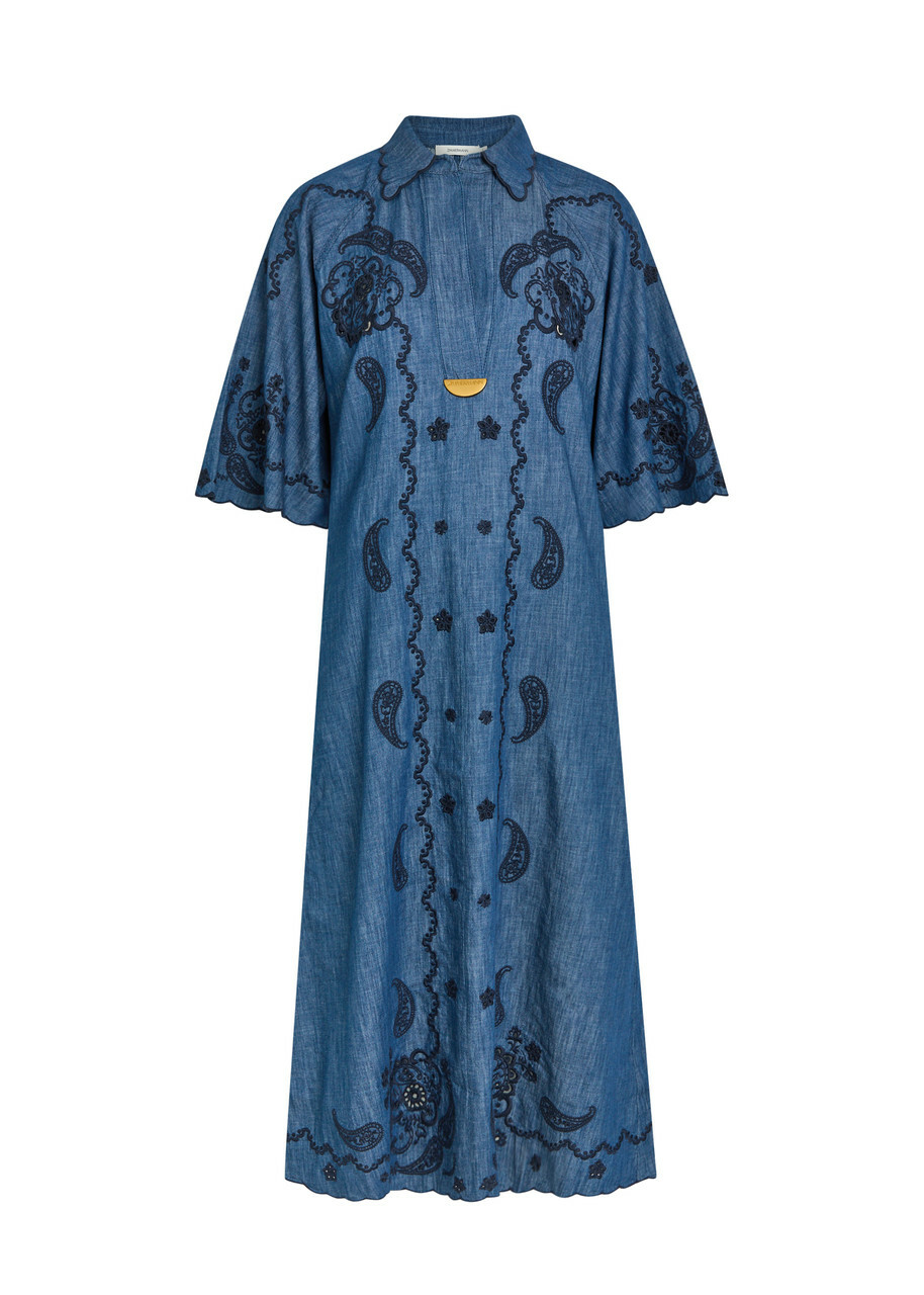 Zimmermann Aster Embroidered Denim Midi Dress Blue