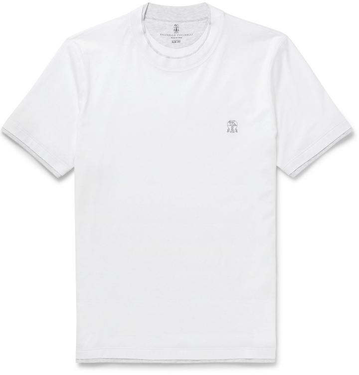 Photo: Brunello Cucinelli - Slim-Fit Layered Logo-Embroidered Cotton-Jersey T-Shirt - White