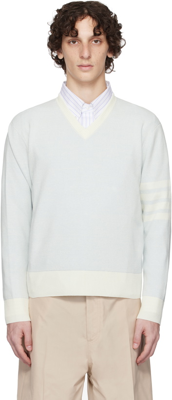 Photo: Thom Browne Blue Textured Striped Stitch 4-Bar Relaxed Sweater