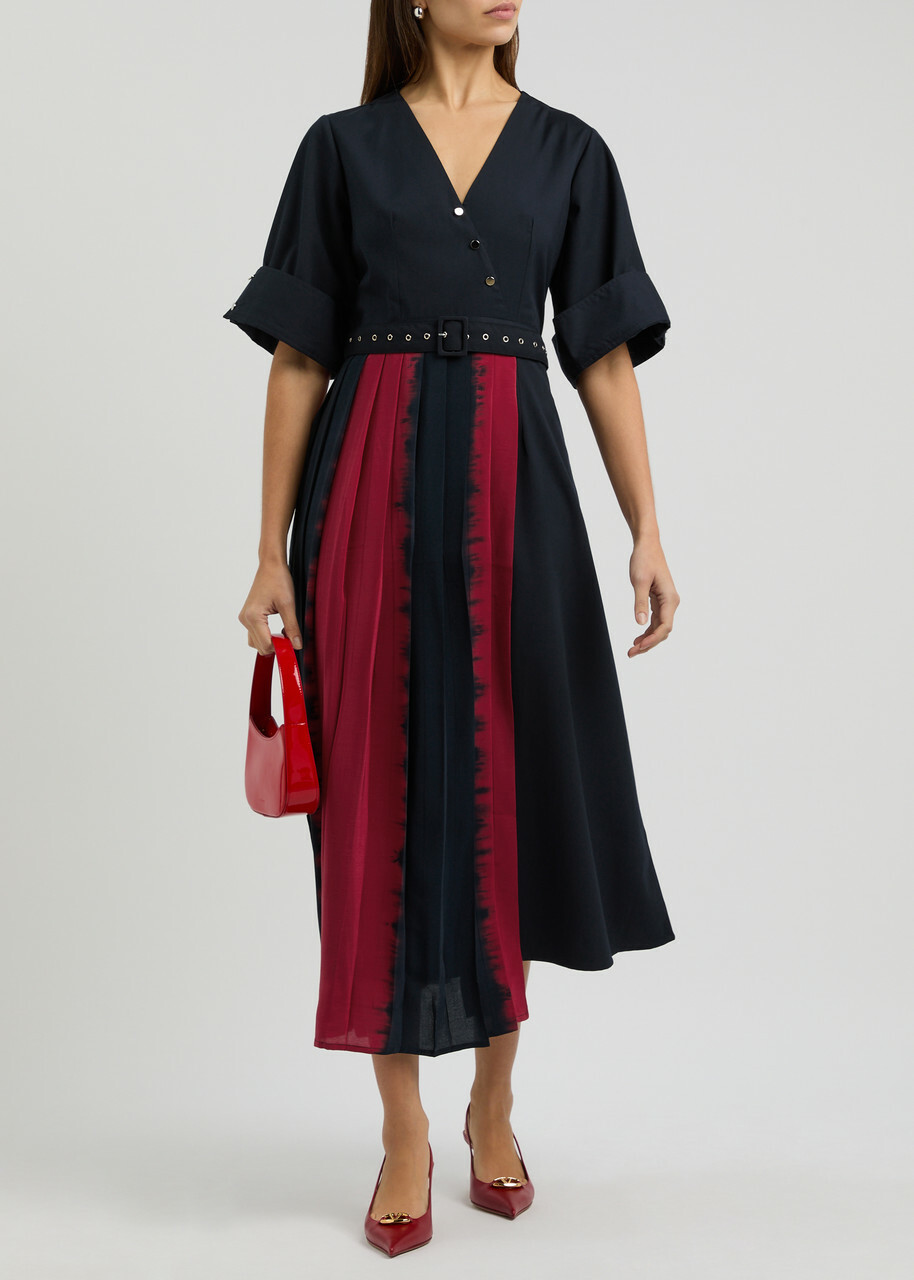 Lovebirds Shogun Belted Woven Midi Dress Navy