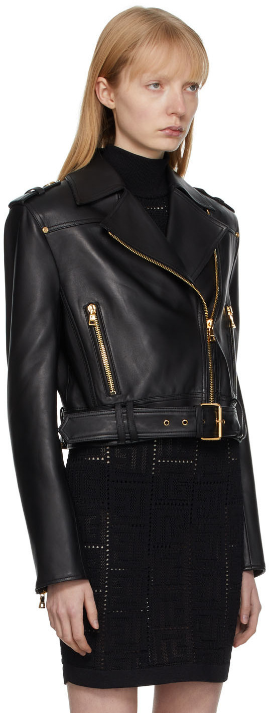 Balmain White Belted Leather Cropped Biker Jacket